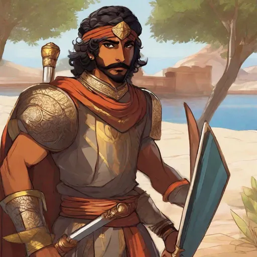 Prompt: A rajput warrior from medieval India. He wields a curved sword and holds a shield. In background the Nile. Rpg art. Anime art. 2d art. 2d. Well draw face. Detailed. 