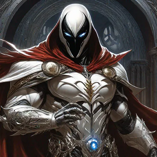 Prompt: Spawn with Moon-Knight cybernetic suit (remaining set) photorealistic intricate, 8k, highly detailed, digital painting, symmetrical body, (detailed face), highly detailed, intense, sharp focus, art by (artgerm) and greg rutkowski and alphonse mucha and aleksi briclot, cgsociety