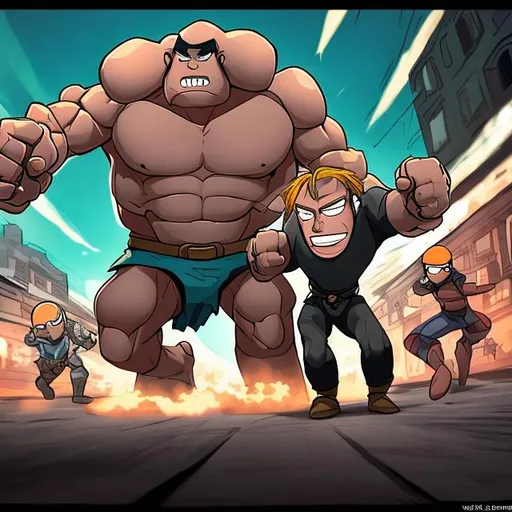 Prompt: A normal human fighting a giant normal human in the style of a cartoon