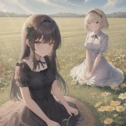 Prompt: Girls on the flowers field, Sunray, best quality, masterpiece