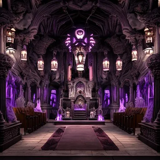 Prompt: gigeresque monster's mouth church interior, desaturated purples, meat and bones, crystal hanging lamps, high detail filigree pillars
