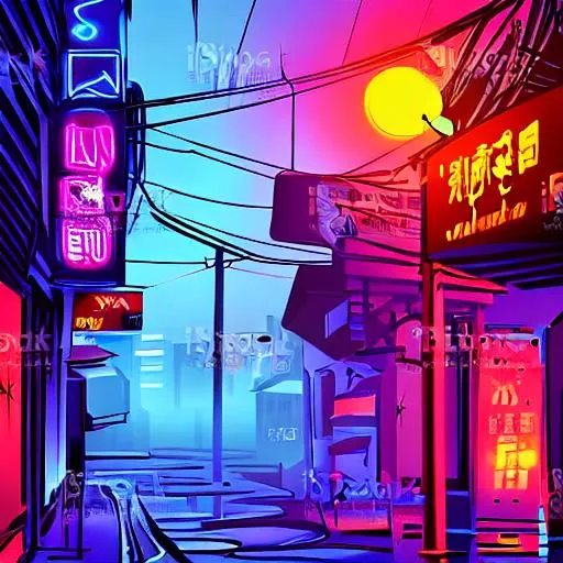 asian city narrow dark back alley at night, neon si...