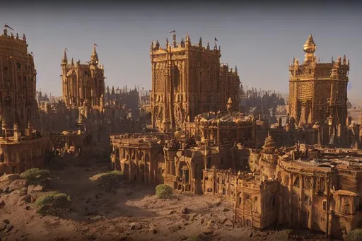 Prompt: Ultrarealistic 8k landscape of a labirynthic golden kingdom in a depression in the desert, huge tower in the center, low ceiling golden buildings, intricate, complex streets with several constructions, natural lighting, lovecraftian, by unreal engine 5