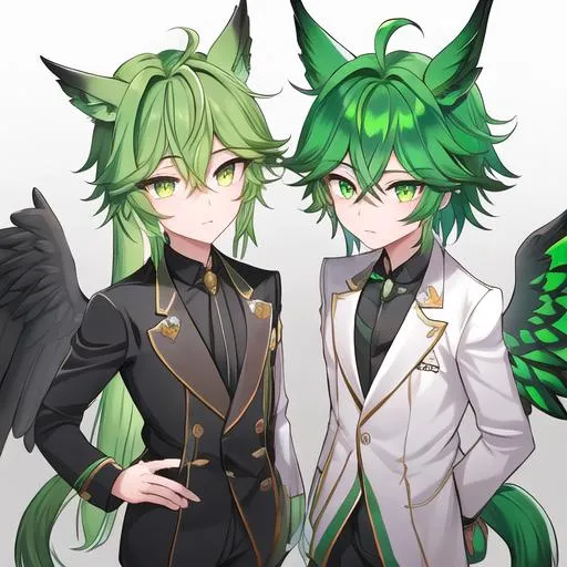 Prompt: Male. Small and masculine build. human animatronic hybrid, with focused emerald eyes. They identify as a Male. Emerald colored feathery pegasus wings and tail. Short Green ombre hair. horse ears adult