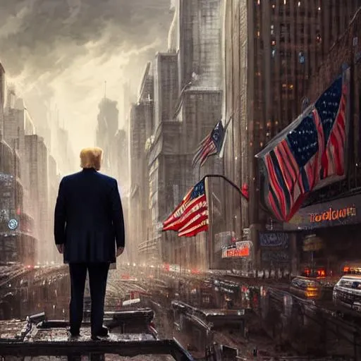 Prompt: Donald Trump in New York {[post-apocalyptic city}, perfect composition, hyperrealistic, super detailed, 8k, high quality, trending art, trending on artstation, sharp focus, studio photo, intricate details, highly detailed, by greg rutkowski