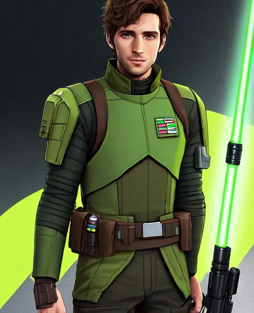 Prompt: Digital Art, a 26-year-old man on Lothal in Star Wars, green lightsaber, green eyes, short brown hair, star wars pilot, green gear, gear armor, tactical belt, long sleeve shirt, brown pants, unreal engine 8k octane, full body, full gear