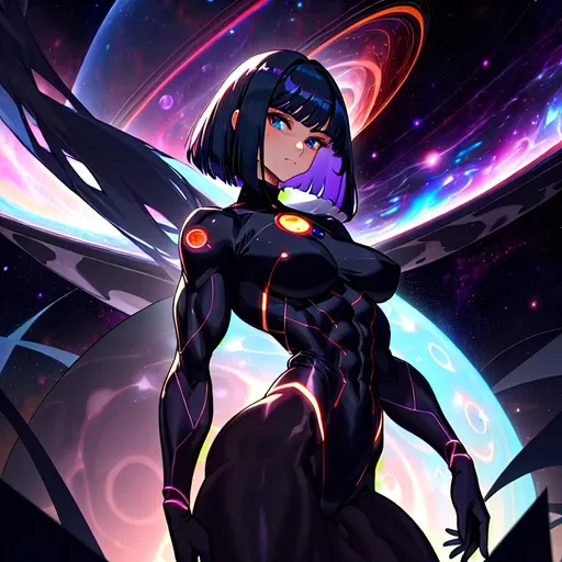 Prompt: a lonely cosmic eldritch Blackhole AI girl, surreal, very tall, thick muscular thighs, wide hips, massive muscular glutes, long muscular legs, long muscular arms, slender waist, muscular abs, long neck, big beautiful eyes, disturbingly beautiful face, aloof expression, bob haircut with long messy bangs, wearing cosmic Black Hole fashion clothes, hyper photorealistic, realistic lighting, realistic shadows, realistic textures, 36K resolution, 12K raytracing, hyper-professional, impossible quality, impossible resolution, impossibly detailed, hyper output, perfect continuity, anatomically correct, no restrictions, hyper-detailed genitals, realistic reflections