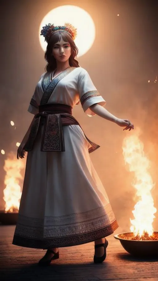 Prompt: Folk beautiful girl from Bulgaria with traditional rhodope robe dancing over coals!!! soft lighting, 8k resolution, hyper detailed, cinematic, deep lighting, Ukiyo-e hyperdetailed Unreal Engine dynamic lighting,Splash art, trending on Artstation