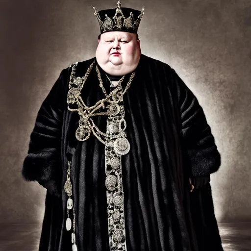 Prompt: HR Geiger, emperor, king, royal crown, black and white, obese man, black gown, fur coat