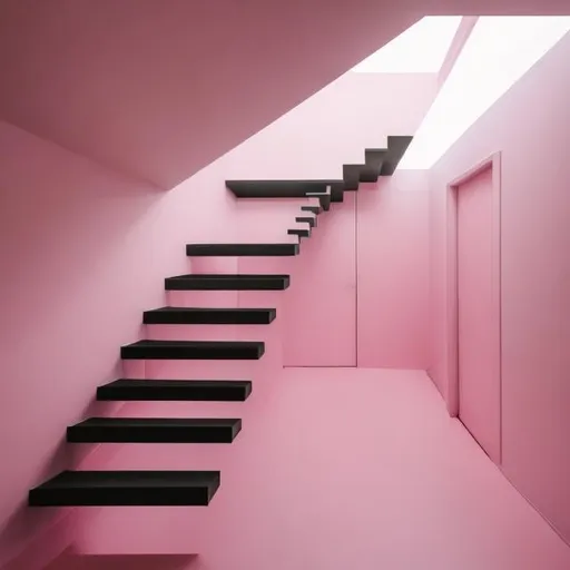 Prompt: minimal  pink room with stairs to the sky