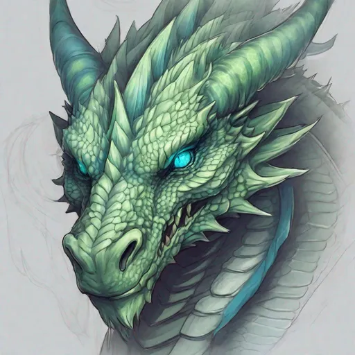 Prompt: Concept design of a dragon. Dragon head portrait. Coloring in the dragon is predominantly pale green with subtle blue streaks and details present.