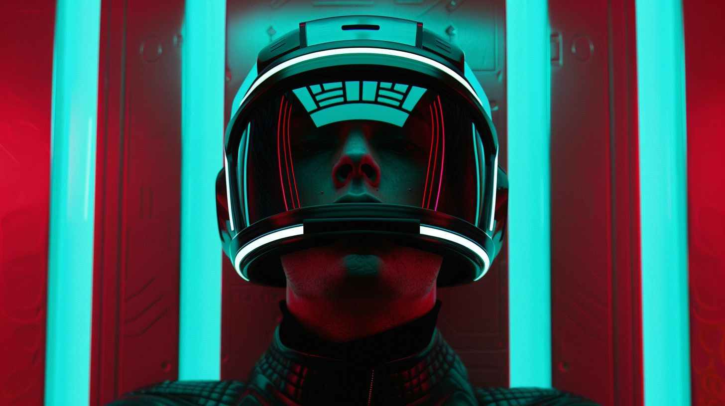 Prompt: a man in a futuristic helmet stands above his head, in the style of cubo-futurism, social media portraiture, 8k, b-movie aesthetics, expressive characters