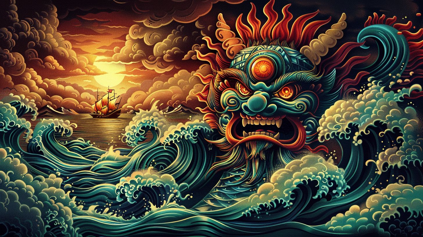 Prompt: An illustration of the sun god with fierce eyes and an open mouth, surrounded by swirling sea waves. A dragon emerges from the water above, with ships sailing in distant waters. Vibrant colors and intricate patterns appear on clouds. The style is inspired by traditional Chinese art, with detailed line work, high contrast, bright lighting, and ornate textures. --ar 16:9 --sref https://s.mj.run/9MRTBvrhgsM --stylize 250