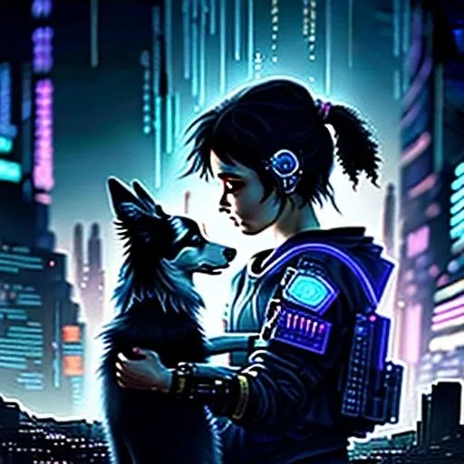 Prompt: A girl and her border collie. Cyberpunk. Space. High definition. Gloomy. 