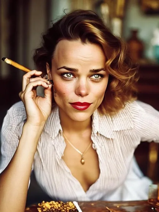 Prompt: woman with cigarette sitting at a table, honey - colored eyes, hyperrealism photo, rachel mcadams, with spikey short brown hair, bekinski, showing forehead, smoking very thin big cigar, russian, eternal beauty, ivory