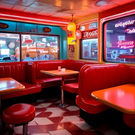 Prompt: inside a typical american 60´s  diner. Sitting in a booth eating a cheeseburger with fries and a milkshake, night view
