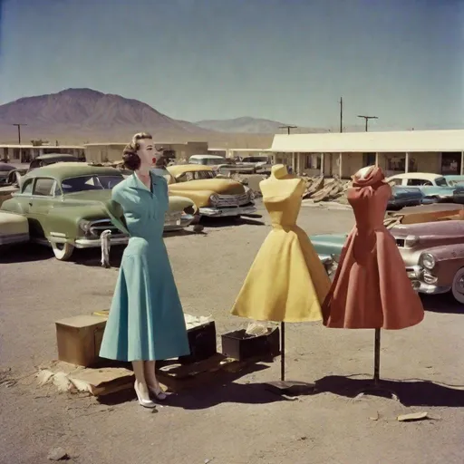 Prompt: 1950s fake colorful "doom-town" with vintage mannequin as civilians, nevada atomic bomb tests