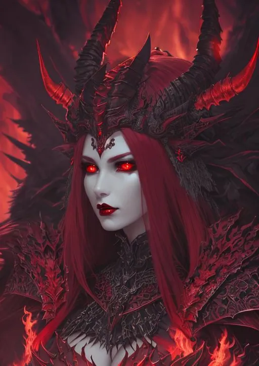 Prompt: portrait of demon queen, demonic, fiery crimson hair, negative emotions, glowing red eyes, symbolic, satanic, fantasy art, majestic, sharp armored, fire element, oil painting, loneliness, depressing, hopelessness, suffering, detailed red lips, mesmerizing, gorgeous, stunning, highly detailed concept art, high resolution scan, hd octane render, cinematic light, intricate detailed, highly detailed face, unreal engine, trending on artstation, UHD, 8k, Very detailed