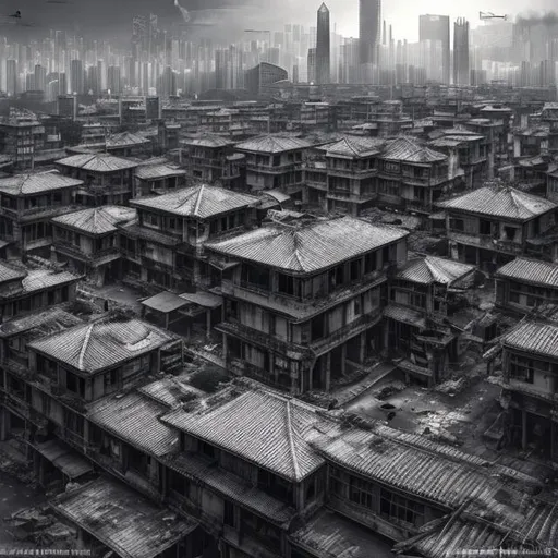Prompt: monochrome, urban warfare, modern, kowloon walled city, battle, combat, military, soldier, scifi, roof tops, night