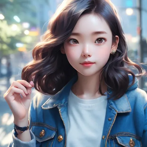 Prompt: portrait of a 19 year cutest girl with jean jacket outfit, smooth soft skin, big terrified eyes, beautiful intricate colored hair, anime wide eyes, soft lighting, detailed face, by makoto shinkai, stanley artgerm lau, wlop, rossdraws, concept art, digital painting, looking into camera, full body visible, hands visible, legs visible, standing in phone booth dialling 911