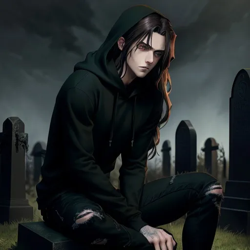 Prompt: Anime illustration of a man with long dark brown hair, piercing green eyes, wearing a black hoodie and skinny jeans, sitting in a cemetery, gothic anime style, detailed facial features, realistic anime, moody lighting, dark and eerie atmosphere, detailed hair, somber mood, highres, detailed, anime, gothic, dark tones, atmospheric lighting