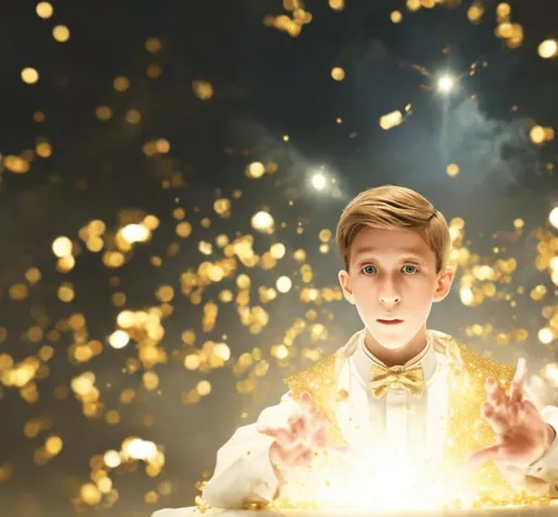 Prompt: 13 year old boy cast a gold sparkly crazy magic spell that gose flying through the air towards a Lady in a white dress shirt with a very puffy collar 