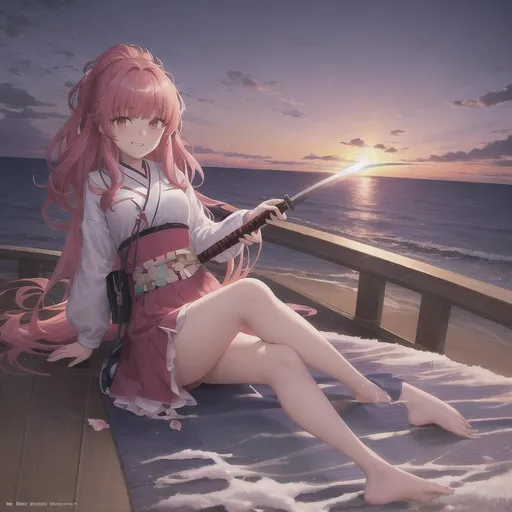 Prompt: concept art of kim ji-woo/chuu from loona, koyoharu gotouge, anime, hd, 4k, high res, character concept, korean girl, kim ji-woo, beach background, sunset, smiling at camera, holding sword, trending on pixiv, pixiv