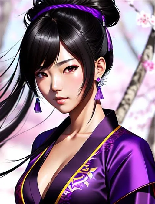 Prompt: 杨超越, 15 years old, , sleeveless, black wild hair, brown eyes, battlefield, karate stance, ethereal, purple traditional kimono from FFXIV, jewelry set,stunning, royal vibe, highly detailed, digital painting, Trending on artstation , HD quality, tan skin,artgerm,  by Ilya Kuvshinov 