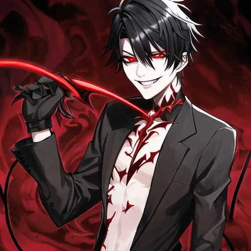 Prompt: Damien as a demon (male, short black hair, red eyes) grinning seductively, holding a whip