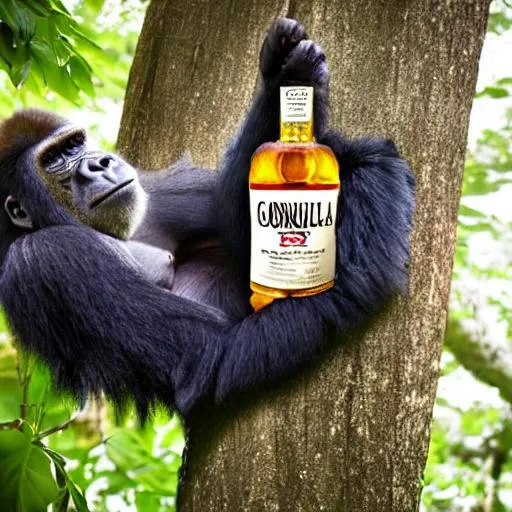 Prompt: Gorilla with whiskey on the tree in jungle