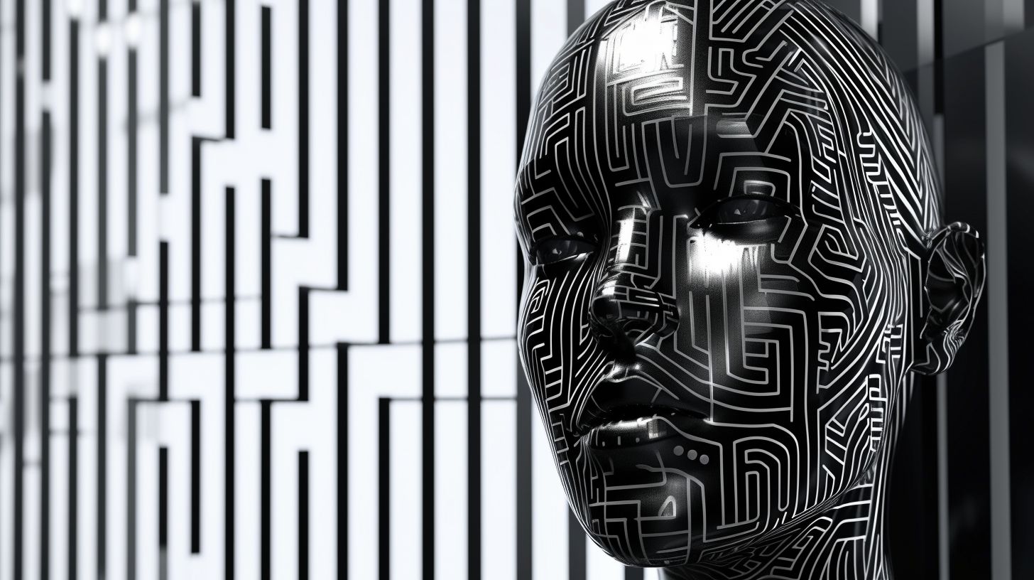 Prompt: Design a hyper-realistic image of an advanced android with a face adorned in a complex, maze-like metallic pattern. This android is set against a background of sleek, vertical metallic lines that suggest a high-tech environment. The android's skin is reflective like polished chrome, and the maze pattern on its face is in high contrast, with deep blacks and shining silvers that create a mesmerizing effect. The eyes of the android are piercing, with a depth that seems almost human, adding to the allure of the image. The overall feel of the picture is one of sophistication, intelligence, and cutting-edge technology.