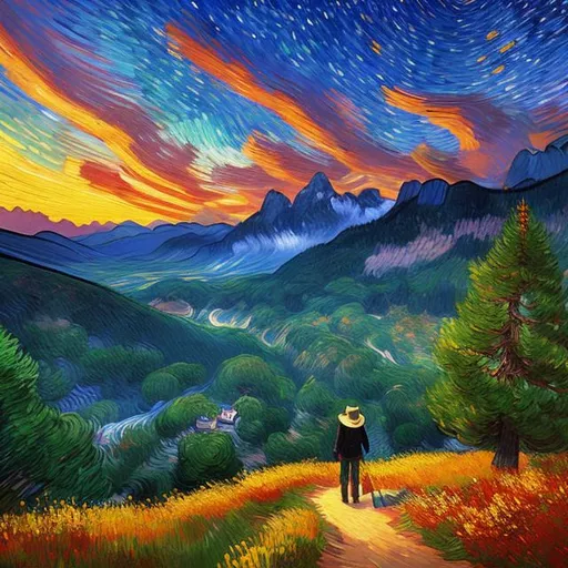 Prompt: A well-dressed man [Flamboyant Clothing, Straw Hat, thick beard], wandering in the mountains, a wooden cabin in the distance. peaceful atmosphere. Character art by Lena Hades. background by Vincent Van Gogh {Sky painted by Vincent Van Gogh}. Background by Bob Ross {Mountain painted by Bob Ross}.