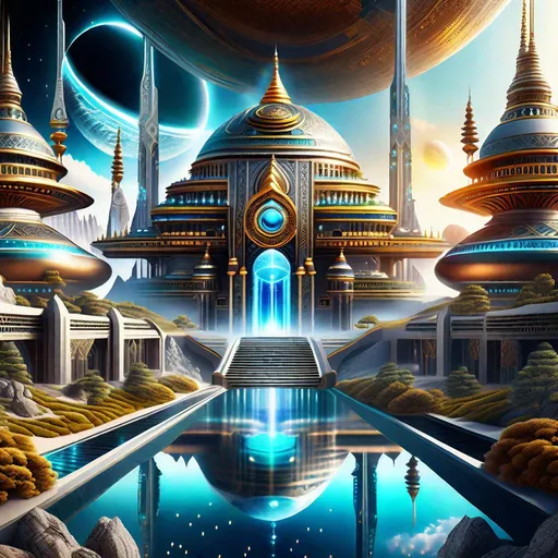 Prompt: Mystical Kingdom of Shambala, heaven inside the center of the Earth dominated by stunning, futuristic and ultra-detailed sci-fi religious temples, exquisite palaces, stunning buildings, space ships, highest quality of details and design, intricately detailed River Styx in the background, digital art masterpiece, futuristic style of image design, focus sharp, hyper-detailed background, perfect image composition, hyperrealistic, ultra-detailed, Sci-Fi, Ultra HD 1024K, Octane 3D, Unreal Engine 5, CryEngine, clarity, harmony, order, proportions, rhythm, axis, hierarchy, symmetry.
