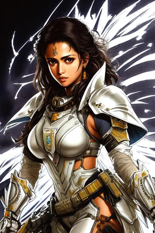 Prompt: (((Yoji Shinkawa))), sticker of ultra detailed portrait of Sadaf Mohammed Sayed  (Indian actress who mainly appears in Telugu, Tamil, and Kannada films)in white holy armor,  high quality cell shaded illustration in post apocalyptic style by Yoji Shinkawa, ((full body portrait)), dynamic pose, perfect anatomy, centered, freedom, soul, black long hair, approach to perfection, cell shading, 4k , cinematic dramatic atmosphere, watercolor painting, global illumination, detailed and intricate environment, artstation, concept art, fluid and sharp focus, volumetric lighting, cinematic lighting, Art by Yoji Shinkawa,