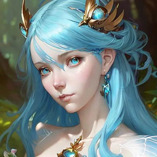 Prompt: Magical Female Fairy, blue wings, cyan hair, white eyes, perfect features, extremely detailed, realistic. Krenz Cushart + loish +gaston bussiere +craig mullins, j. c. leyendecker +Artgerm, oil painting texture oil painting effect Krenz Cushart + loish +gaston bussiere +craig mullins, j. c. leyendecker +Artgerm, oil painting texture.