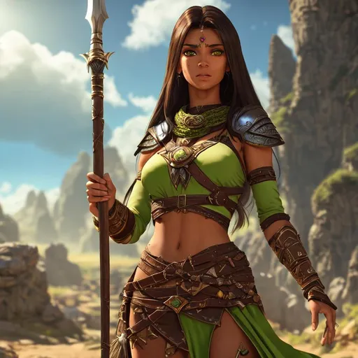 Prompt: Githyanki woman, light green skin, freckles, long brown hair, spear in hand, cinematic shot, detailed face, detailed eyes, full eyelashes, detailed interior, ultra detailed accessories, dnd

((sunshine, very strong sunlight on face, cinematic lighting, volumetric lighting, beautiful shading, head light, back light, natural light, ray tracing, symmetrical)), (((masterpiece, professional, professional illustration))), Fantasy style,

UDR, HDR, 64k, beautiful, stunning, masterpiece

