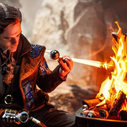 Prompt: Dungeons & Dragons artificer boy tinkering with alchemist kit. Near a campfire. Steam punk. hyper realistic.  Hyper realistic on eyes face