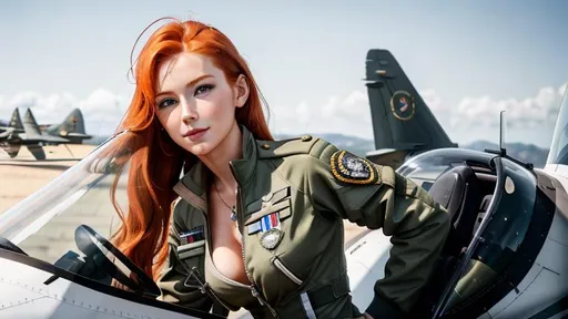 Prompt: {best quality}, {{masterpiece}}, {highres}, extremely detailed ginger girl, british, inspired by Royal Air Force, sharp focus, {{{character{1 girl}}}}, solo, {{{beautiful skinny body with small boobs}}}, small cleavage on show, Pilot clothes, light smile, closed mouth, beautiful detailed green eyes, green eyes, {{{{{sharp focus}}}}}, {{{{{masterpiece illustration}}}}}, long hair with side fringe, {{{ginger hair}}}, {{full body}}, glowing, airfield background, view of planes, light from the front