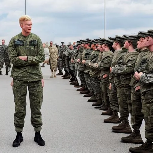 Prompt: Tall strong Blonde man looks at a large group of military troops