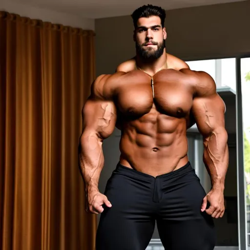 A giant muscular model bodybuilder fills the room, d... | OpenArt