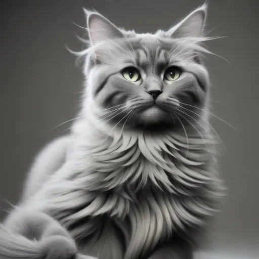 Prompt: zoomed out from a meter away high quality, high resolution, hyperrealism, real picture of a grey long hair cat with heavy lighting from the right