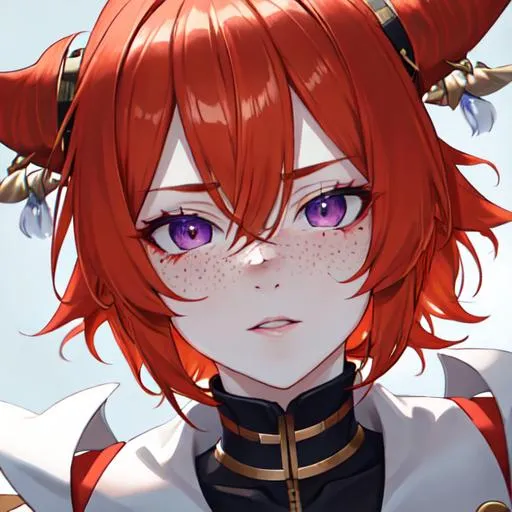 Prompt: Erikku male (short ginger hair, freckles, right eye blue left eye purple) UHD, 8K, Highly detailed, insane detail, best quality, high quality, as a criminal 