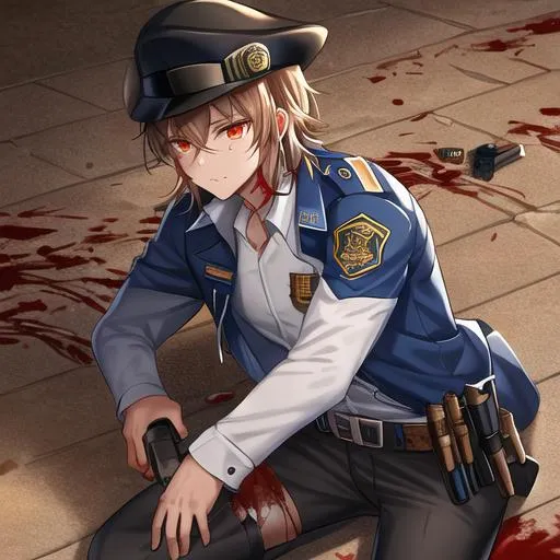 Prompt: Caleb as a police officer in a gunfight bullets flying, wounded, covered in blood, lying on the ground, badly wounded
