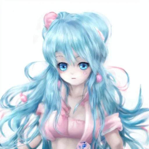 Prompt: ultra-realistic ultra-detailed character design,anime girl,blue and white wavy hair,eyes pink(bottom,blue(top),has big eyes and a big forehead looks very cute