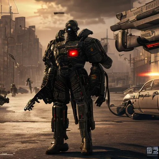 soldier, a battle mech moving through the streets of... | OpenArt