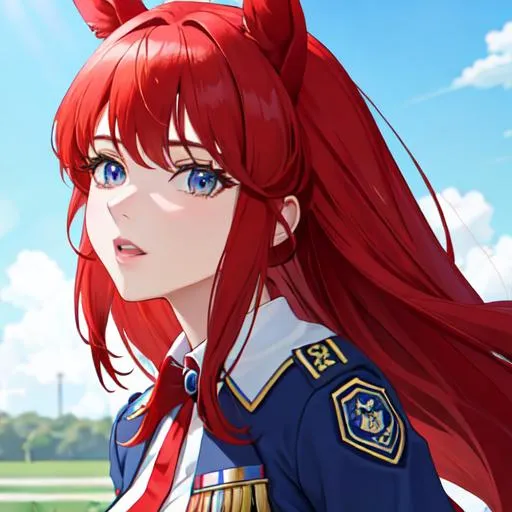 Prompt: Haley as a horse girl with bright red hair pulled back, wearing a blue police officer uniform, UHD, highly detailed