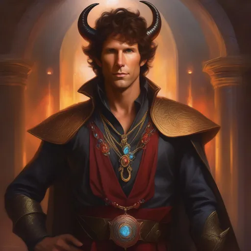Prompt: (masterpiece, professional oil painting, epic digital art, best quality), Todd Howard as a tiefling sorcerer, has a chain around his neck,
