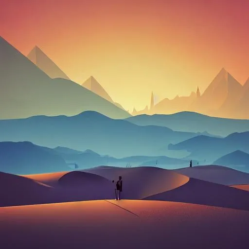 Prompt: Multiple layers of silhouette {object1}, with silhouette of {object2}, sharp edges, at sunset, with heavy fog in air, vector style, horizon silhouette Landscape wallpaper by Alena Aenami, firewatch game style, vector style backgrounds  desert dunes camels fires