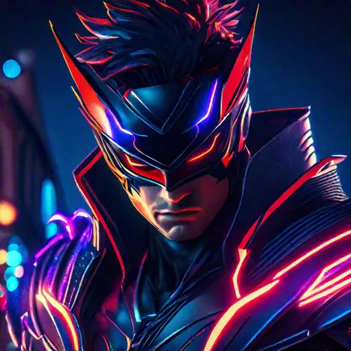 Prompt: Close-up shot of Strider Hiryū cyberpunked as superhero with Spawn suit in Rome city, 8k, HD, night theme, neon color 
