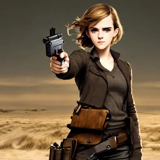 Prompt: epic,hd,emma watson,holding gun,